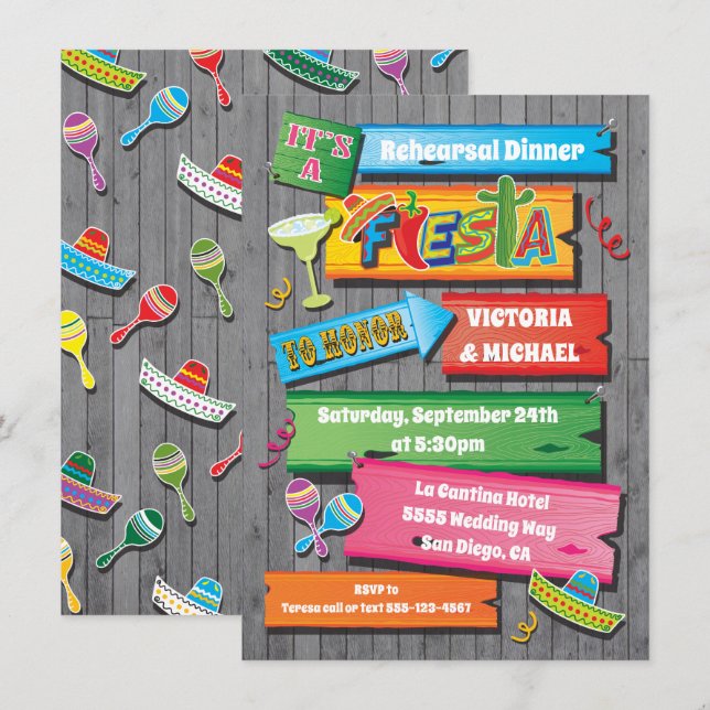 Rustic Wood Planks Mexican Fiesta Party Einladung (Vorne/Hinten)
