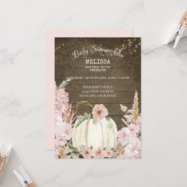 Rustic Wood Pumpkin Pampas Grass Pink Girl Baby Einladung (Vorderseite/Rückseite Beispiel)