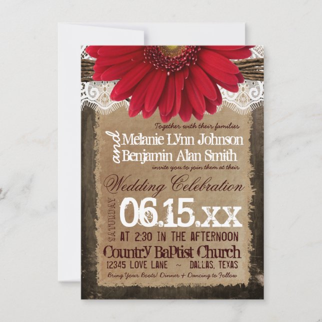 Rustic Wood Red Daisy Country Wedding Einladungen (Vorderseite)