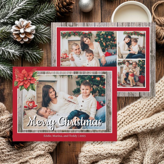 Rustic Wood Red Family 4 Foto Frohe Weihnachten (Red and rustic wood, 4-photo "Merry Christmas" greeting card)