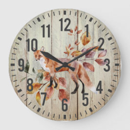 Rustic Wood Red Fox Fall Foliage Große Wanduhr