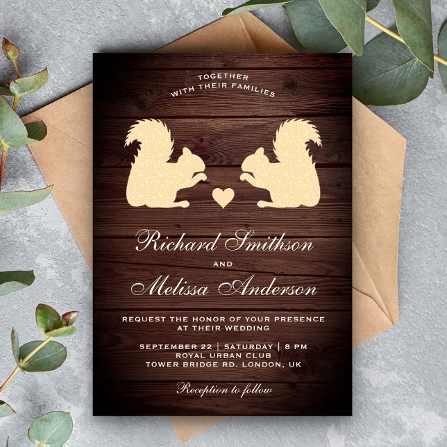 Rustic Wood Romantic Squirrels Wedding Invitation Einladung (Von Creator hochgeladen)