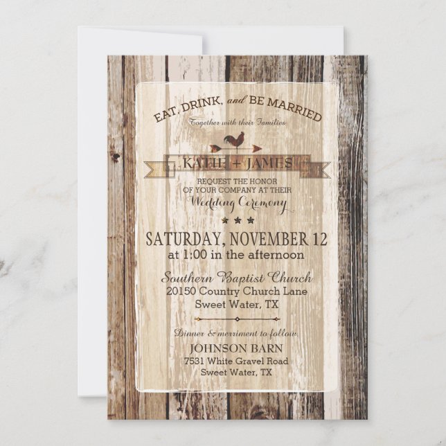 Rustic Wood Rooster Weather Vane Wedding Einladung (Vorderseite)