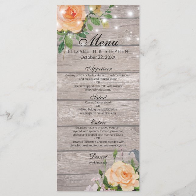 Rustic Wood Rose Floral String Lights Mariage Menu (Devant)