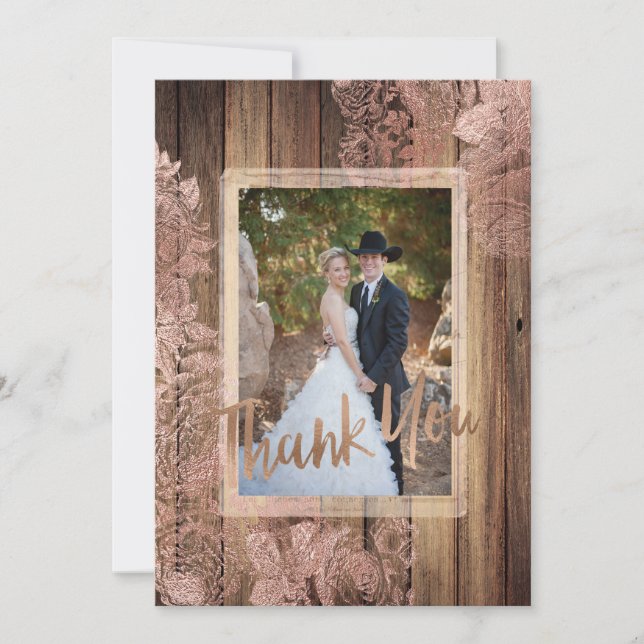 Rustic Wood Rose Lace Wedding Foto Vielen Dank Dankeskarte (Vorderseite)