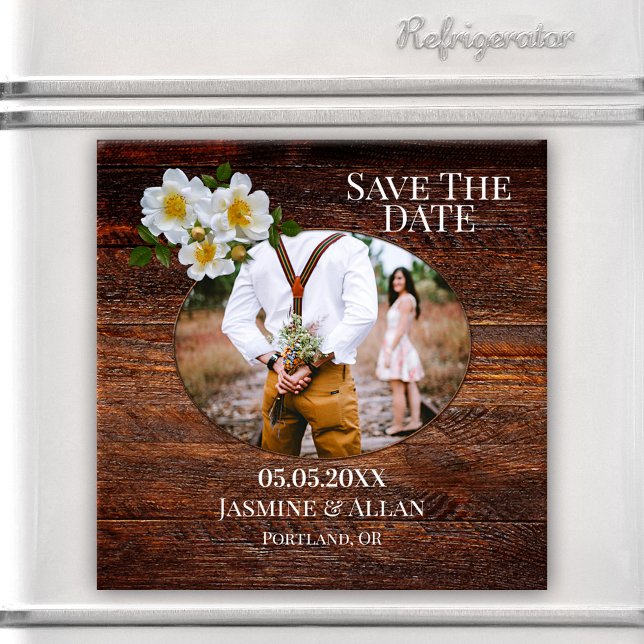 Rustic Wood Roses Photo Save the Date Magnet (A rustic wood design Save the Date magnet featuring your own photo and white roses.)