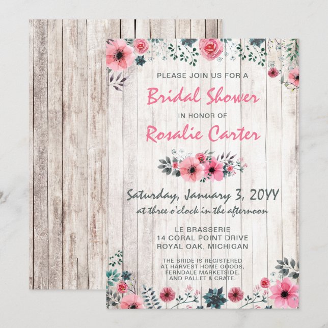 Rustic Wood Shabby Rose nuptiale douche Invitation (Devant / Derrière)
