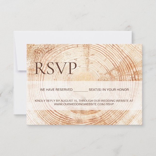 Rustic Wood Slice Tree Ring Wedding reserved seats RSVP Karte (Vorderseite)