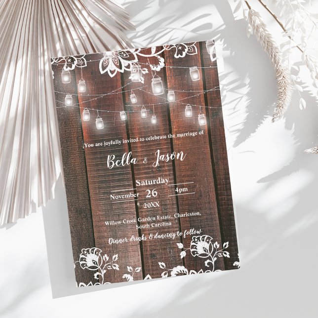 Rustic Wood String Light Barn Lace Country Wedding Einladung (Rustic Wood String Lights Wedding Invitation | Barn Lace Wood Country Wedding Invite)