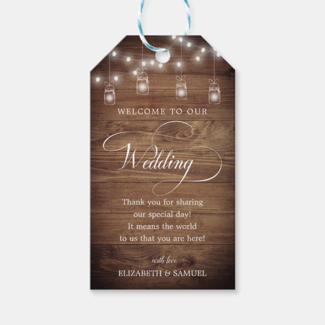 Rustic Wood String Light Mason Jar Script Wedding Geschenkanhänger (Vorderseite)