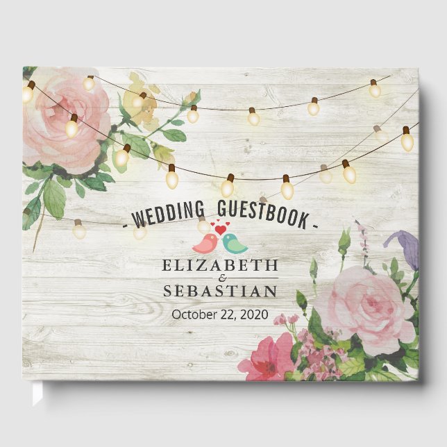 Rustic Wood String Lights Floral Wedbook Gästebuch (Vorderseite)
