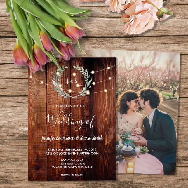 Rustic wood string lights monogram photo Wedding Einladung (Rustic wood string lights monogram photo Wedding Invitation. For your rusic country wedding.)
