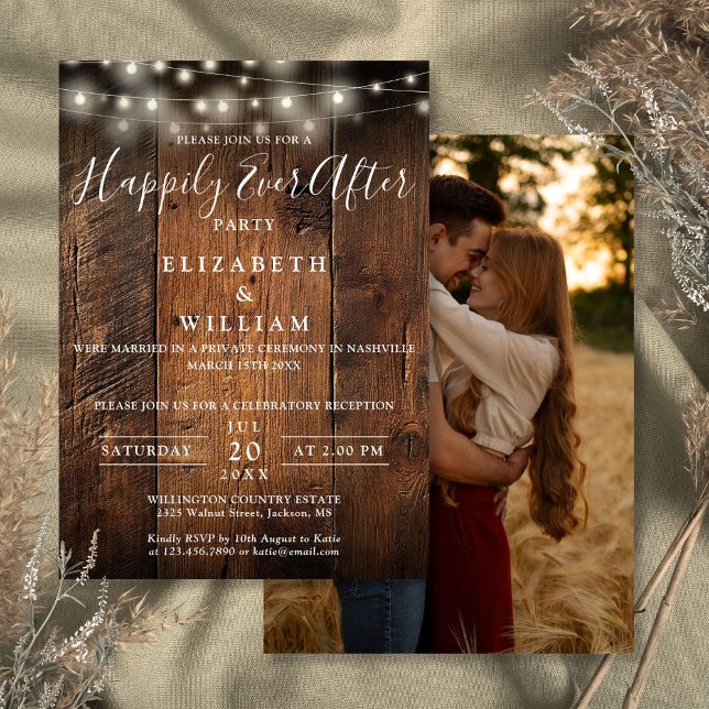 Rustic Wood String Lights Photo Wedding Reception Einladung (Rustic Wood String Lights Photo Wedding Reception Invitation)