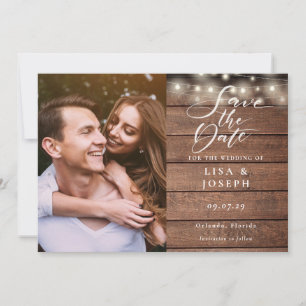 Rustic Wood String Lights Script Foto Wedding Save The Date