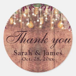 Rustic Wood & String Lights Wedding danke Runder Aufkleber