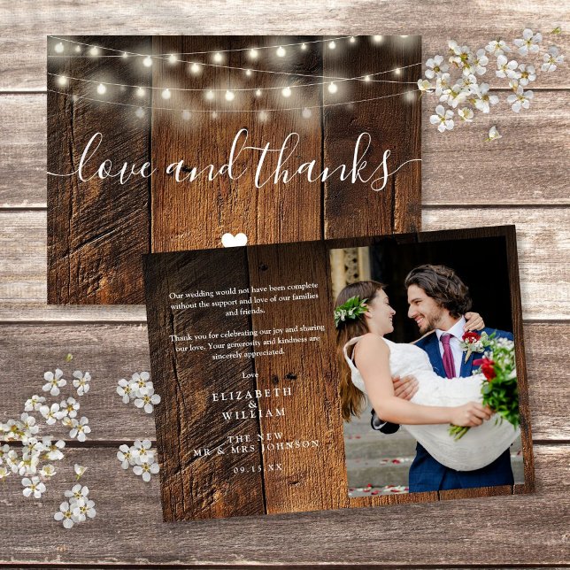 Rustic Wood String Lights Wedding Photo Dankeskarte (Rustic Wood String Lights Wedding Photo Thank You Card)