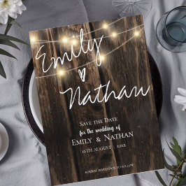 Rustic Wood String Lights Wedding Save The Date Einladungspostkarte
