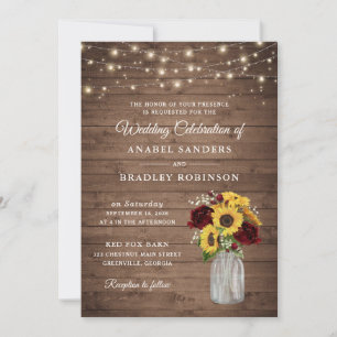 Rustic Wood Sunblumen Burgundy Mason Jar Wedding Einladung