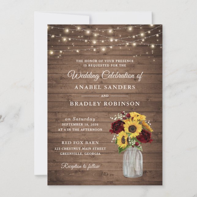 Rustic Wood Sunblumen Burgundy Mason Jar Wedding Einladung (Vorderseite)