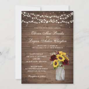 Rustic Wood Sunblumen Burgundy Mason Jar Wedding Einladung