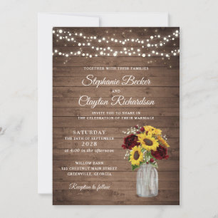 Rustic Wood Sunblumen Burgundy Mason Jar Wedding Einladung