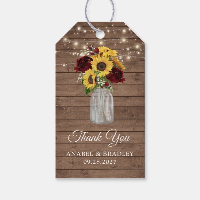 Rustic Wood Sunblumen Burgundy Mason Jar Wedding Geschenkanhänger (Vorderseite)