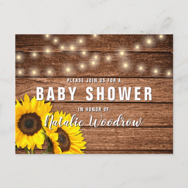 Rustic Wood Sunflower Baby Dusche Einladungspostkarte (Vorderseite)