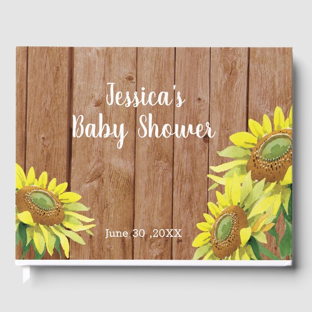 Rustic Wood Sunflower Baby Dusche Gästebuch (Vorderseite)