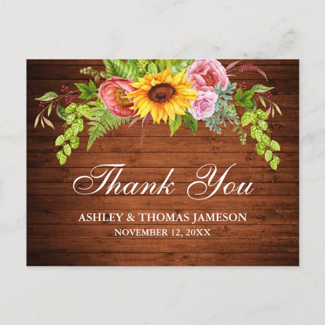Rustic Wood Sunflower Blues Hochzeit Vielen Dank Postkarte (Vorderseite)