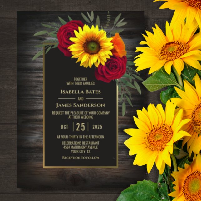 Rustic Wood Sunflower Burgundy Rose Wedding Einladung (Von Creator hochgeladen)