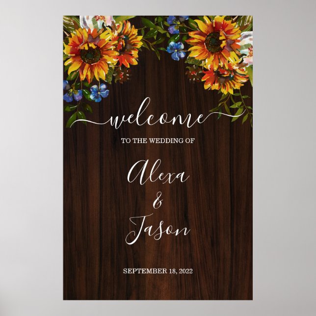 Rustic Wood Sunflower Country Wedding Welcome Sign Poster (Vorne)