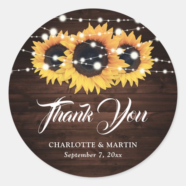 Rustic Wood Sunflower Danke Gastgeschenk Hochzeit Runder Aufkleber (Vorderseite)