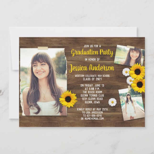Rustic Wood Sunflower Foto Template Abschluss Einladung (Vorderseite)