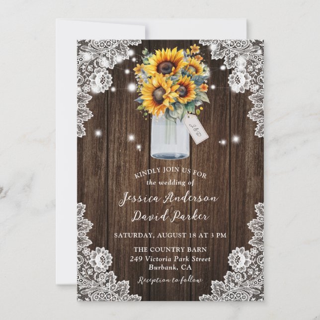 Rustic Wood Sunflower Mason Jar Wedding Einladung (Vorderseite)