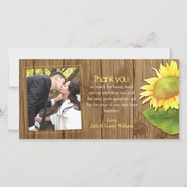 Rustic Wood Sunflower Wedding Foto Danke Karte (Vorderseite)