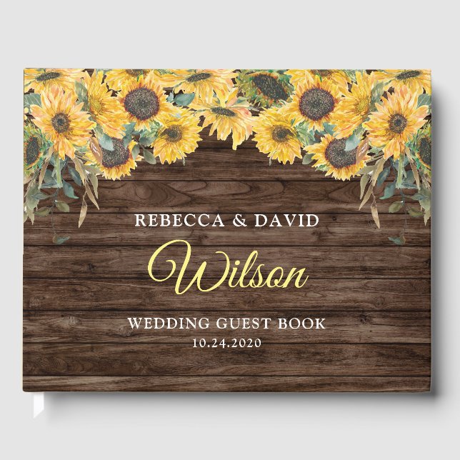Rustic Wood Sunflower Wedding Guest Books Gästebuch (Vorderseite)