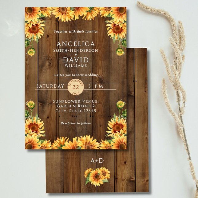 Rustic Wood Sunflower Wedding Invitation Einladung (Von Creator hochgeladen)