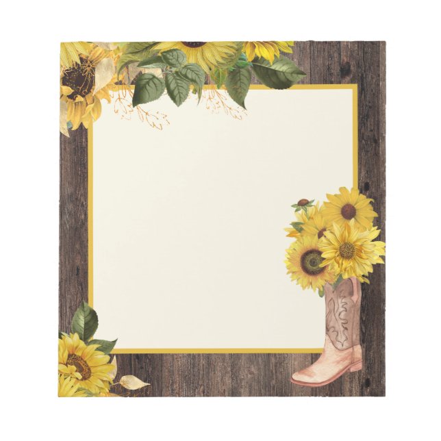 Rustic Wood Sunflowers Cowgirl Boots Notizblock (Vorderseite)