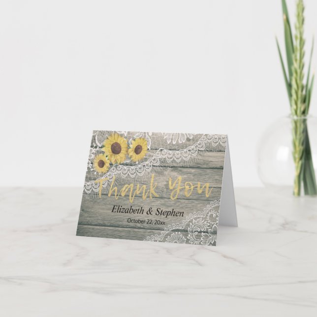 Rustic Wood Sunflowers Lace Barn Wedding Vielen Da Dankeskarte (Vorderseite)