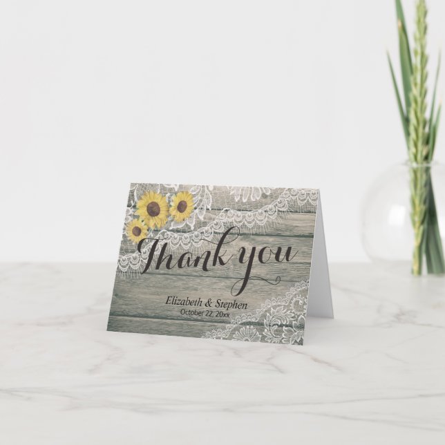 Rustic Wood Sunflowers Lace Barn Wedding Vielen Da Dankeskarte (Vorderseite)