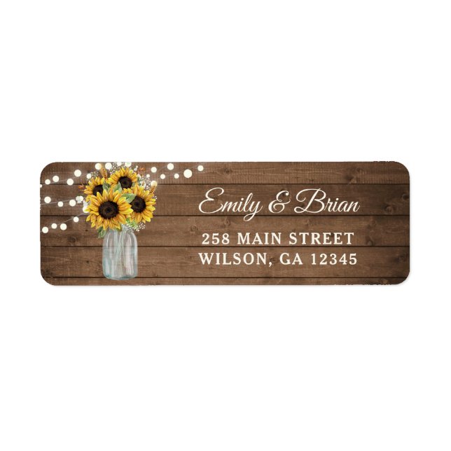 Rustic Wood Sunflowers Mason Jar Adressetikett (Vorne)