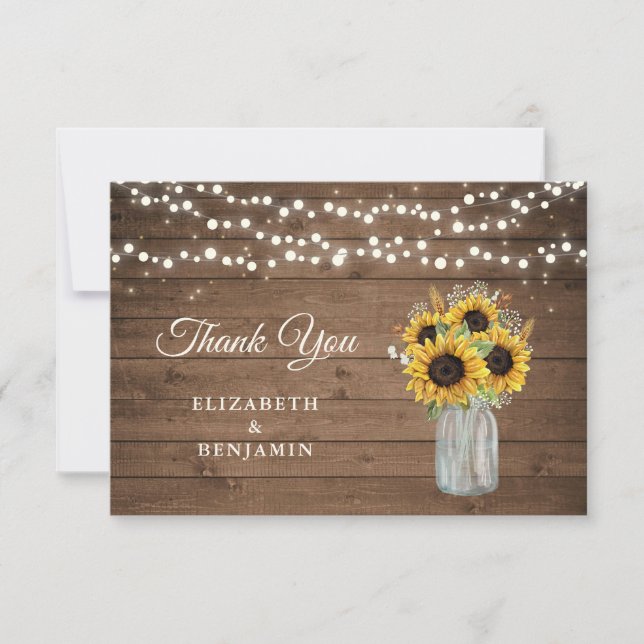 Rustic Wood Sunflowers Mason Jar Wedding Vielen Da Dankeskarte (Vorderseite)