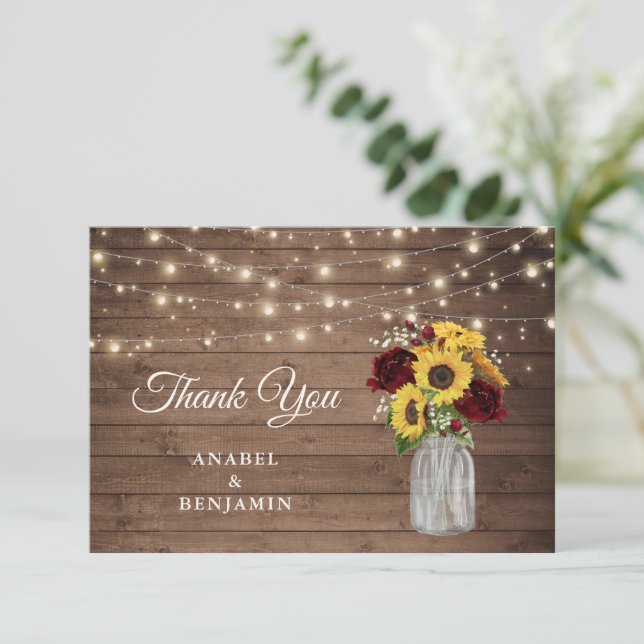 Rustic Wood Sunflowers Mason Jar Wedding Vielen Da Dankeskarte (Stehend Vorderseite)