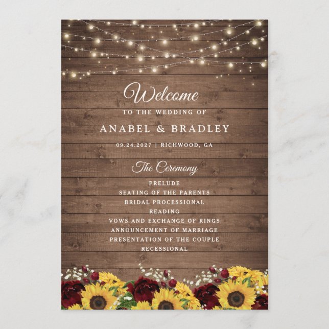 Rustic Wood Sunflowers Programme de mariage Bourgo (Devant)