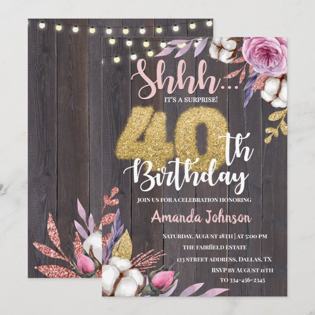 Rustic Wood Surprise 40e anniversaire Invitation (Devant / Derrière)