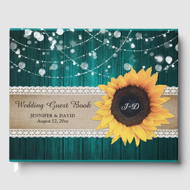 Rustic Wood Turquoise Tournesol Mariage Livre d'in (Recto)