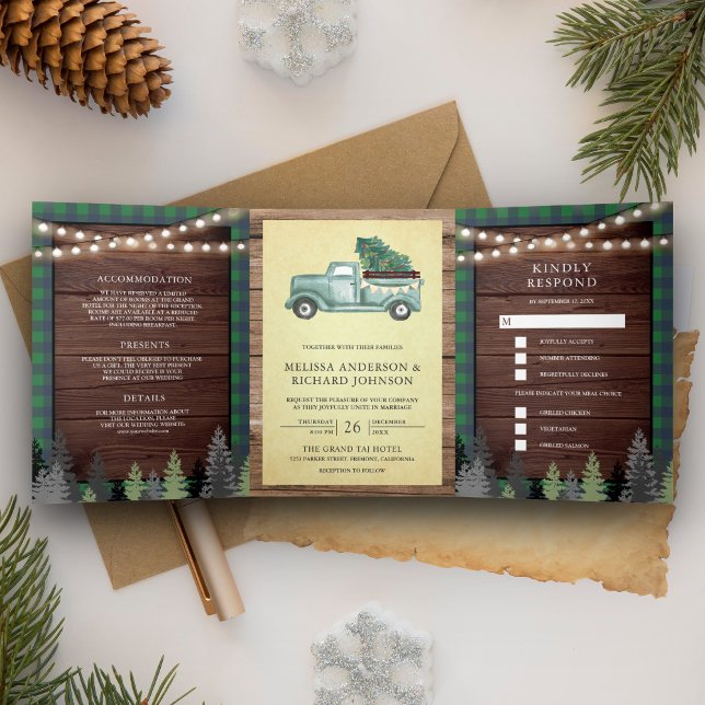 Rustic Wood Vintag Green Christmas Dreifach Gefaltete Einladung (Von Creator hochgeladen)