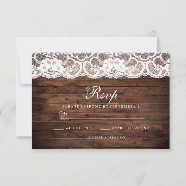 Rustic Wood Vintag White Lace Wedding RSVP (Vorderseite)