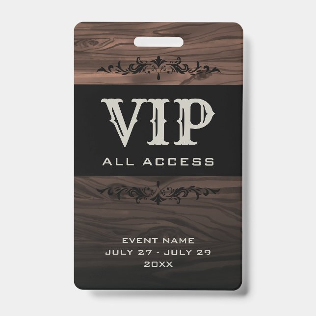 Rustic Wood VIP All Access Pass Event ID Abzeichen Ausweis (Vorderseite)