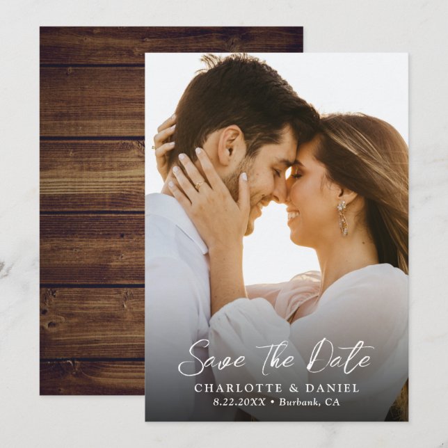 Rustic Wood Wedding Foto Save the Date Karte (Vorne/Hinten)